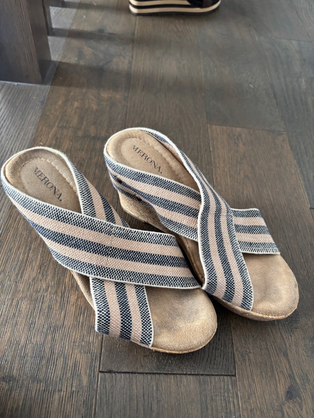 Merona Beige and Navy Striped Crisscross Wedge Sandals
